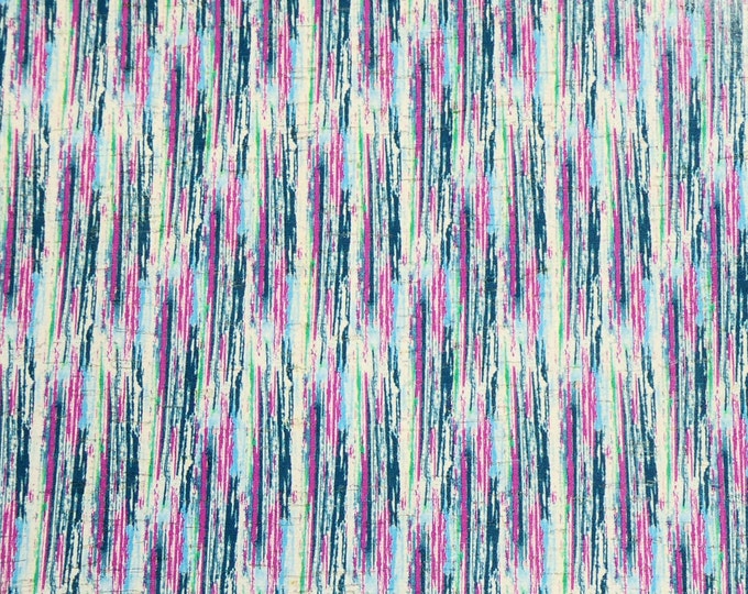 Cork 12"x12" BOHO Stripes of Blue, Navy, Hot Pink, Green, White on Cork applied to Cowhide Thick 5.5oz/2-2.2mm PeggySueAlso™ E5610-414