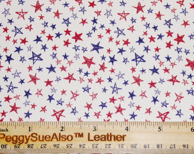 Leather 5"x11" Hand Drawn STARS Red, blue on WHITE Cowhide 3.25-3.75 oz / 1.3-1.5mm PeggySueAlso E2751-03