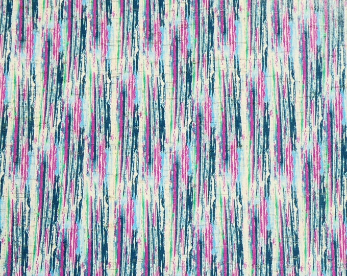 Cork 8"x10" BOHO Stripes of Blue, Navy, Hot Pink, Green, White on Cork applied to Cowhide Thick 5.5oz/2-2.2mm #561 PeggySueAlso E5610-414
