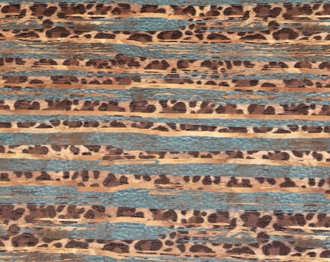 CORK 12"x12" WESTERN Teal and Gold LEOPARD print on Cork applied toLeather for body/strength Thick 5.5oz/2.2mm PeggySueAlso® E5610-546