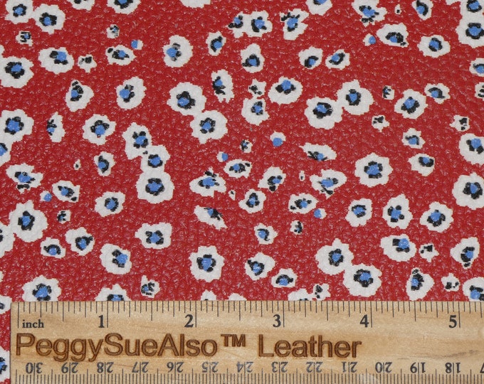 Leather 2 pieces 4"x6" DITSY FLOWERS on RED with white blue Cowhide 3.5-4 oz/1.4-1.6 mm   PeggySueAlso E2508-07 Hides Available