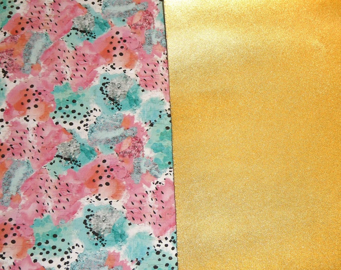 DOUBLE sided Cork 8"x10" Cotton CANDY Pink / Turquoise Cork, Leather Backside GOLD Smooth MeTALLIC 5.5oz/2.2mm PeggySueAlso® E5611-14