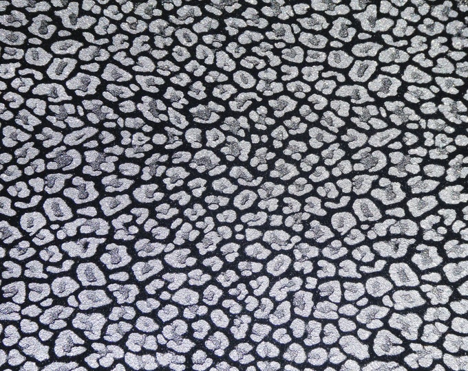 Shimmery Leopard 3-4-5 or 6 sqft SILVER  on BLACK Suede Cowhide Leather  2.75-3oz/1.1-1.2mm PeggySueAlso E2550-36 hides available