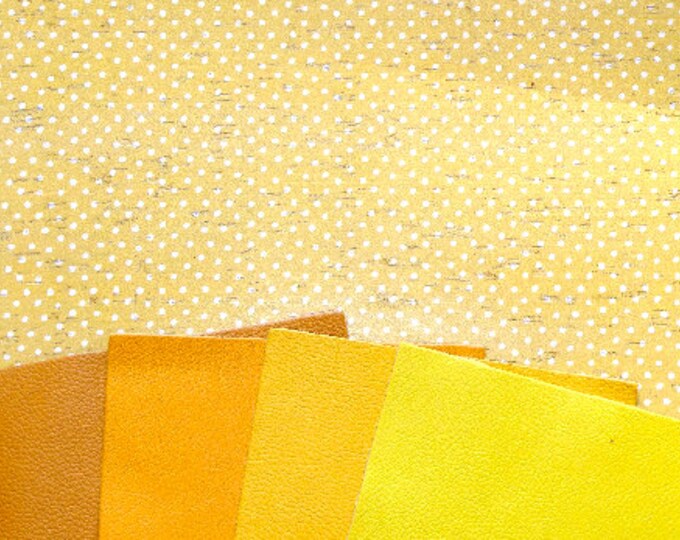 CORK 3-4-5 or 6 sq ft CREAM DoTS on DANDELION Yellow Cork with Leather backing Thick 5.5oz/2.2mm PeggySueAlso® E5610-332