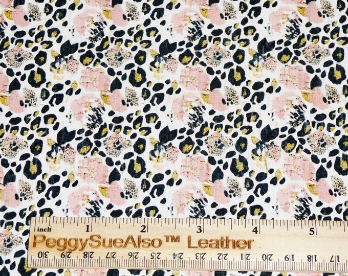 CoRK 3-4-5-6 sqft Watercolor PANSIES & LEOPARD Pink, gold black on white CoRK applied to Leather Thick 5.5 oz/2.2 mm PeggySueAlso® E5610-148