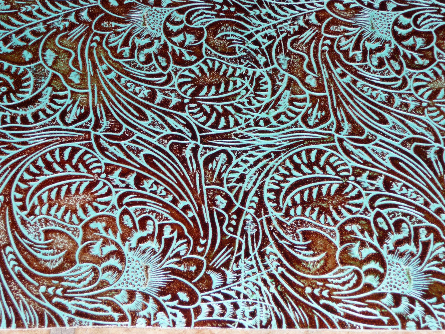 Leather 8x10 Western Tool Floral and Leaf BROWN and TURQUOISE Embossed