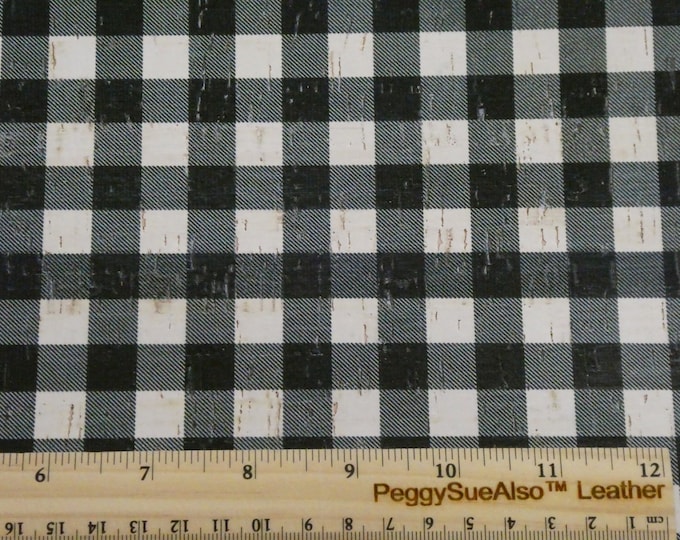 Cork 5"x11" BLACK & WHITE CORK Buffalo Plaid applied to Cowhide for body/strength Thick 5oz/2mm PeggySueAlso™ E5610-95