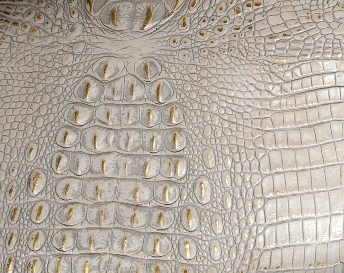 New Lot Alligator 12"x20" 10"x24" GOLD Metallic on Winter White / CREAM Croc Embossed Cowhide Leather 3.5-4oz/1.4-1.6 mm PSA E2860-29