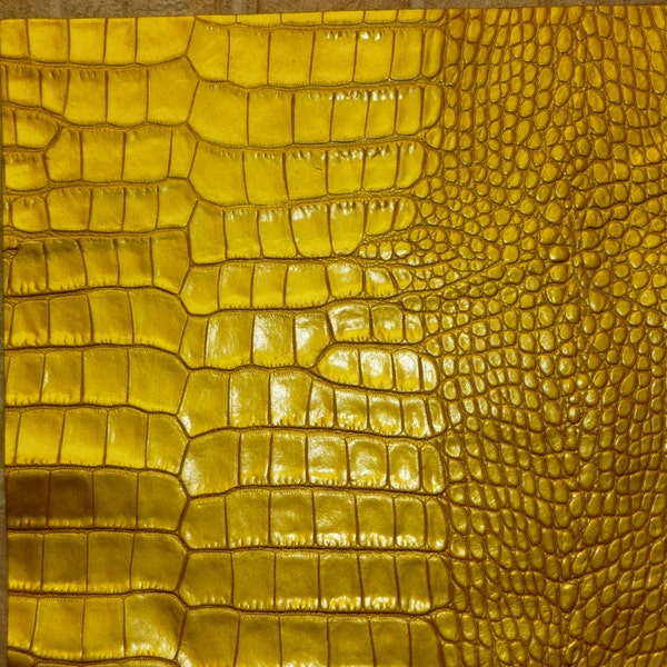 Leather 12"x12" Yellow Gold ALLIGATOR  Shiny embossed Flat horn pattern Embossed Cow hide 2-2.5oz/.8-1 mm PeggySueAlso™ LIMITED