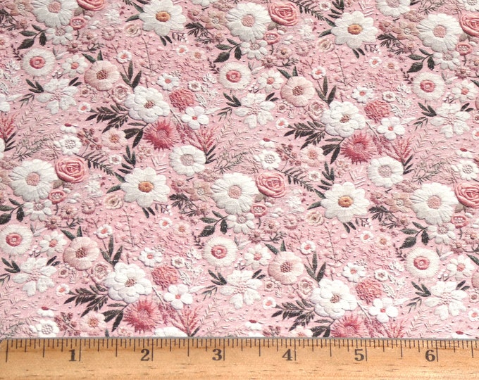 Leather 3-4-5-6 sqft Embroidery White, Coral, Green on LIGHT PINK Cowhide Large flower 11/16" 3.5oz / 1.4 mm PeggySueAlso® E7850-04