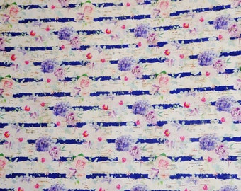 CORK 5"x11" LAVENDER / PINK Flowers on Navy Striped CoRK applied to Leather for body/strength Thick 5oz/2mm E5610-150