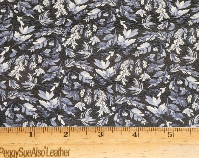Leather 2 pieces 4"x6" Watercolor WHITE Flowers / leaves on NAVY Cowhide 3-3.5 oz/1.2-1.4 mm PeggySueAlso® E4805-02  winter