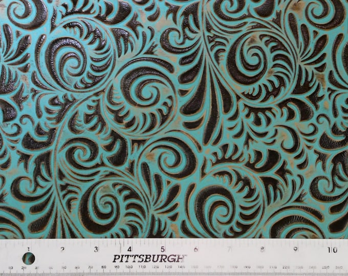 Leather 5"x11"  Western Spiral TURQUOISE and BROWN Embossed Cowhide 3-3.5 oz/ 1.2-1.4 mm PeggySueAlso® E3838-03