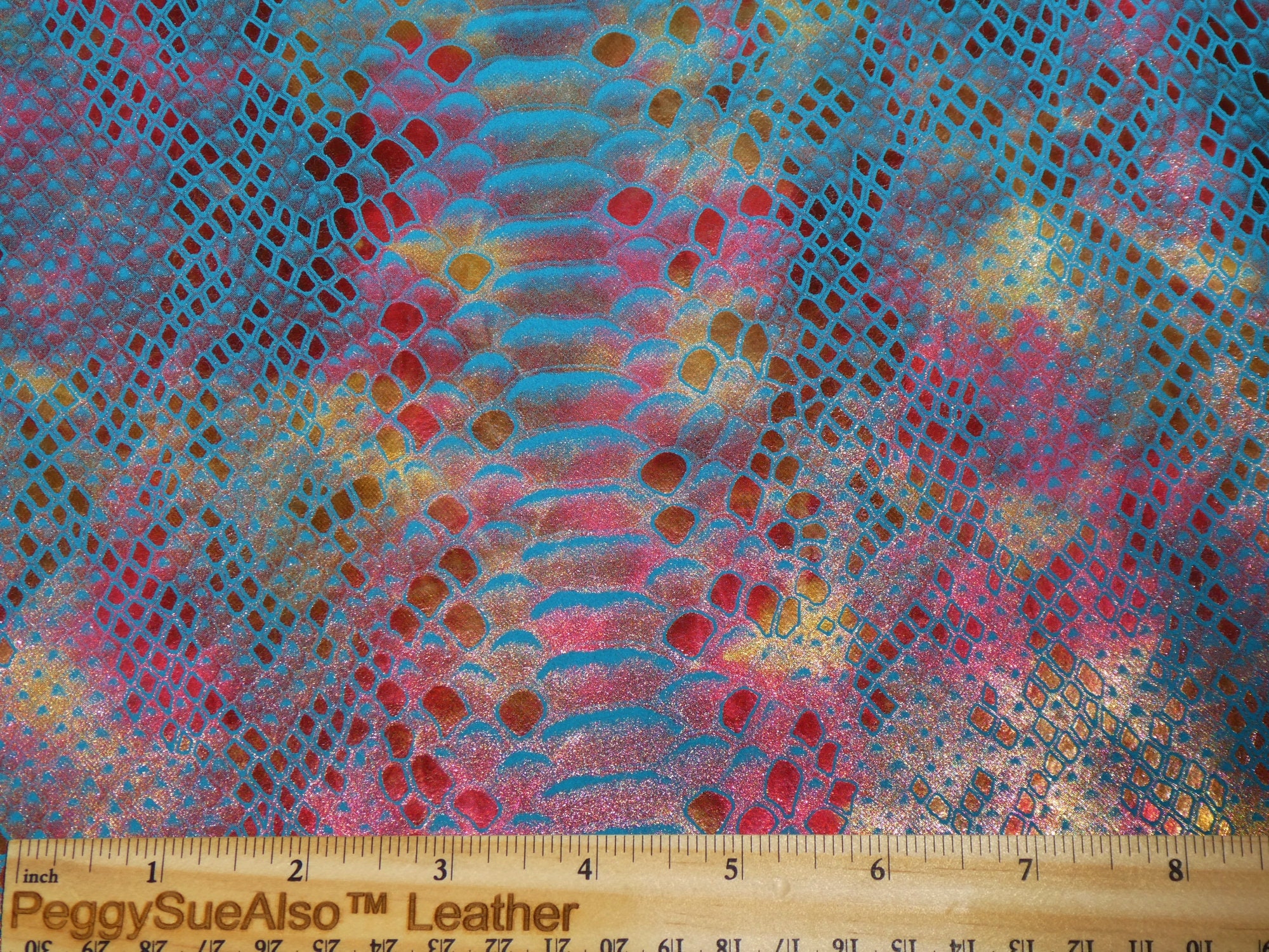 Metallic Leather 8x10 Mystic ROSE DUST on TURQUOISE with Red / Silver ...