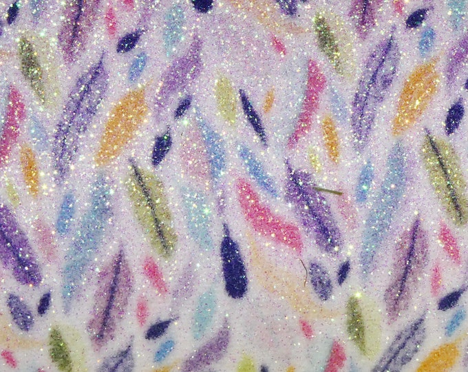 8"x10" TINY FEATHERS on White GLITTER Purple Pink Aqua blue yellow and more applied to Leather 4.5 oz/1.8 mm PeggySueAlso® E4360-13