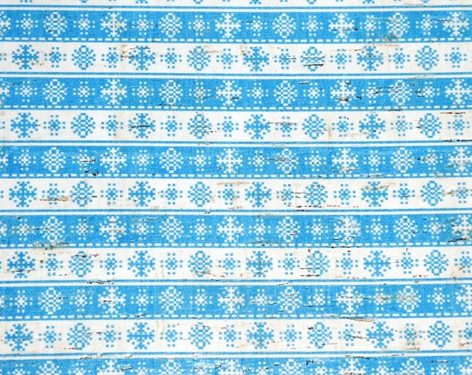 Cork 5"x11" CHRISTMAS Blue & White SNOWFLAKE Stripes on CORK applied to Leather for body/strength Thick 5oz/2mm PeggySueAlso® E5610-87