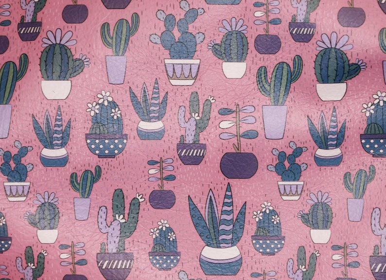 May include: A pink background with a repeating pattern of various cacti and succulents in pots. The pots are in shades of blue, purple, and white.