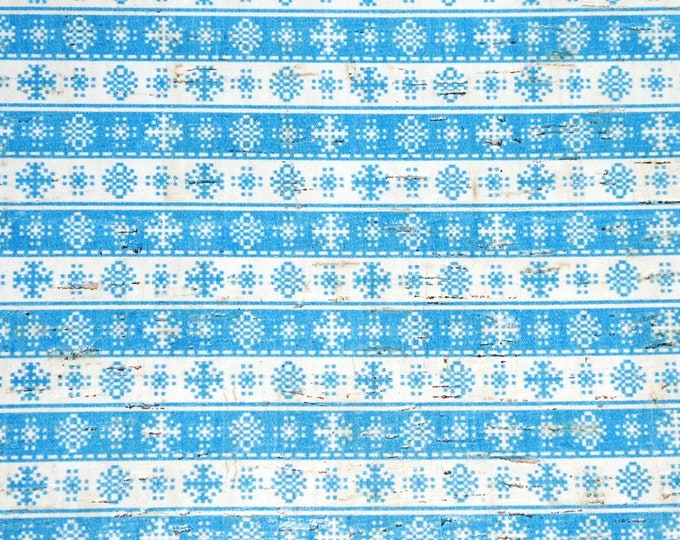 12"x12" CHRISTMAS Blue and White SNOWFLAKE Stripes on CORK applied to Cowhide Leather for body/strength Thick 5oz/2mm PeggySueAlso® E5610-87