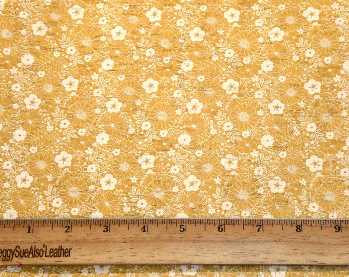 CoRK 12"x12" Golden and white Neutral Vintage Flowers on Cork backed with Cowhide Thick 5.5oz/2.2mm PeggySueAlso® E5610-589