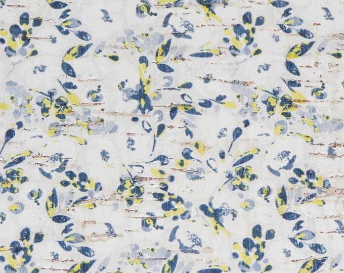 CoRK Version 3-4-5 or 6 sq ft TINY SUMMER PoPPIES Yellow, navy on WHITE Floral Cork applied to Leather  Thick 5.5oz/2.2mm E5610-116