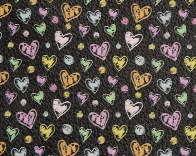 Leather 3-4-5 or 6 sq ft HEARTS Colorful Hand Drawn on BLACK  Pebbled Cowhide 3.5-3.75 oz/1.4-1.5mm PeggySueAlso® E1380-41 Valentine