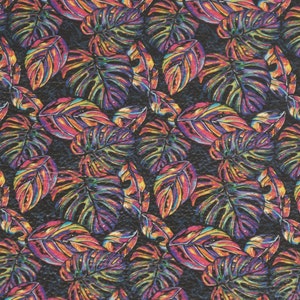 May include: A repeating pattern of vibrant tropical leaves in shades of red, orange, yellow, purple, and blue, outlined in dark hues. The background is a dark, textured surface, providing a striking contrast to the colorful leaves.