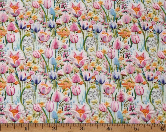 CoRK 3-4-5 or 6 sq ft BRIGHT SPRING TULIPS Embroidery look pink, purple flowers Cork applied to Leather 5.5oz/2.2mm PeggySueAlso® E5610-622