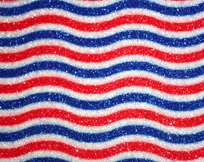 Fine GLITTER 3-4-5-6 sqft Flag inspired Red and Blue wavy lines on WHITE applied to cowhide Leather Thick 5.5oz/2.2mm PeggySueAlso® E4355-75