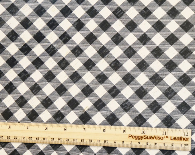 Cork 3-4-5 or 6 sqft BLACK & WHITE Buffalo Plaid (not petite size) C0RK applied to Cowhide Leather Thick 5.5oz/2.2mm PeggySueAlso E5610-95