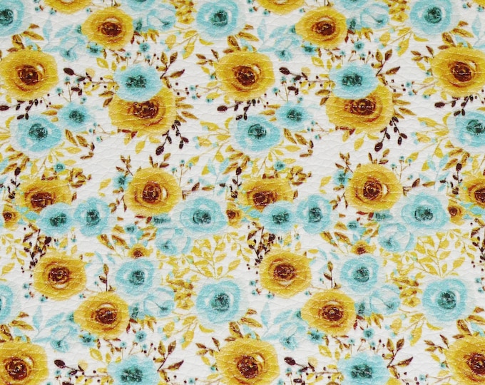 Leather 8"x10" Roses in Gold Yellow and Turquoise Watercolor Flowers Cowhide 3.5-3.75 oz/1.4-1.5 mm PeggySueAlso® E1430-06 hides available