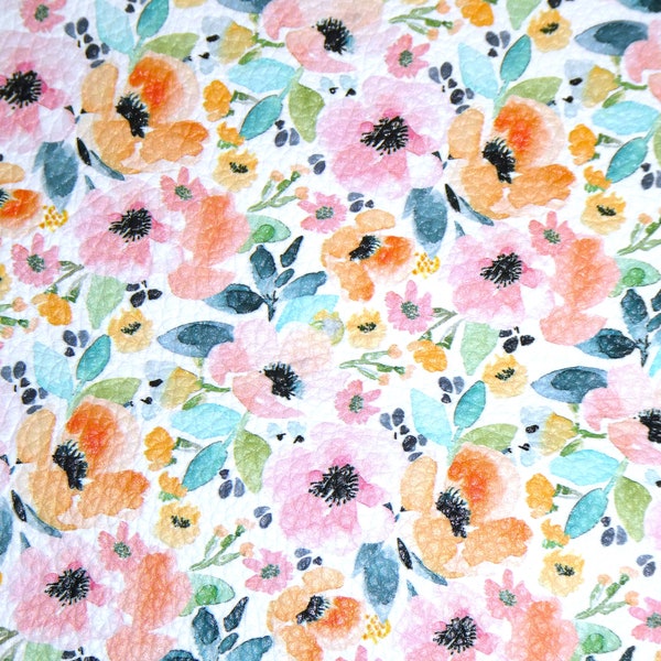 Leather 12"x12" PASTEL PREPPY Watercolor Floral pink orange green navy (largest flower 1") Cowhide 3.5 oz/1.4 mm PSA E1133-17 flowers