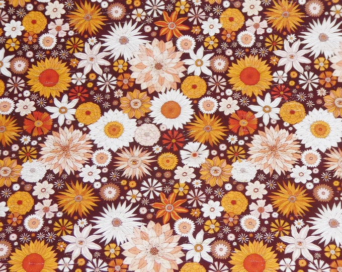 Cork 5"x11" BOHO MYSTERY AUTUMN Floral / Flower Garden Cork applied to Leather Burgundy Orange Thick 5.5oz/2-2.2 mm PeggySueAlso® E5610-510