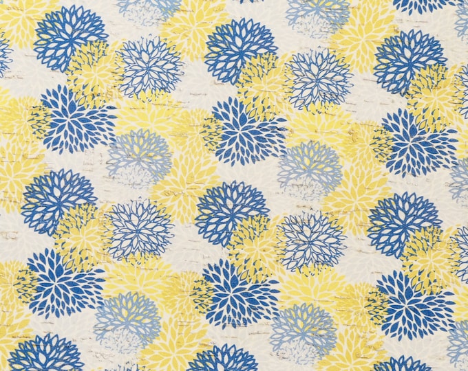 Cork 3-4-5 or 6 sq ft CHRYSANTHEMUM Peacock Blue, Yellow, Navy Flowers Cork applied to leather Thick 5.5oz/2.2 mm PeggySueAlso® E5610-327