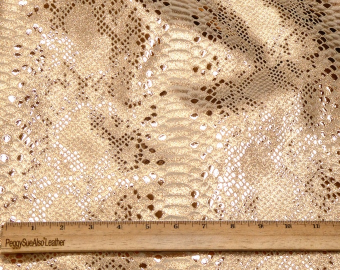 Leather 3-4-5 or 6 sq ft Mystic Python ROSE GOLD Metallic on BEIGE Cowhide 2.5oz /1 mm PeggySueAlso® E2868-09 hides available