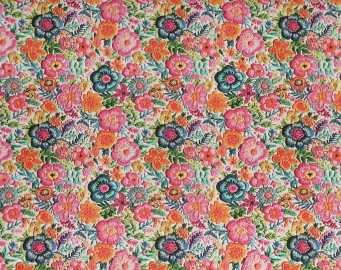 Leather 2 pcs 4"x6" Embroidery MEXICAN STYLE Floral Pink Green Orange on Cowhide Largest flower 11/16" 3.75-4oz/1.5-1.6 mm PSA E7850-03#379