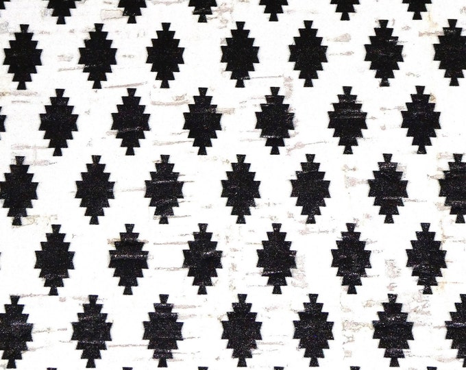 CORK 3-4-5 or 6 sq ft Ethnic GEOMETRIC TRIANGLES (5/8") Black on White Cork applied to Leather Thick 5.5oz/2.2mm PeggySueAlso® E5610-550