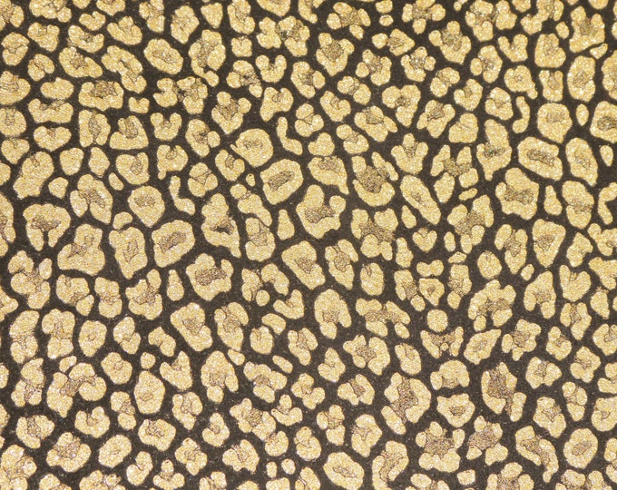 Shimmery Leopard 12"x12" GOLD Metallic on BLACK Suede Cowhide Leather  2.75-3 oz / 1.1-1.2 mm PeggySueAlso E2550-34
