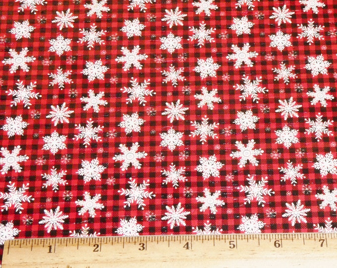Cork 8"x10" Snow flakes (Largest 3/4") on Red & Black TINY BUFFALO PLAID Cork applied to leather Thick 5.5oz/2.2mm PeggySueAlso E5610-502
