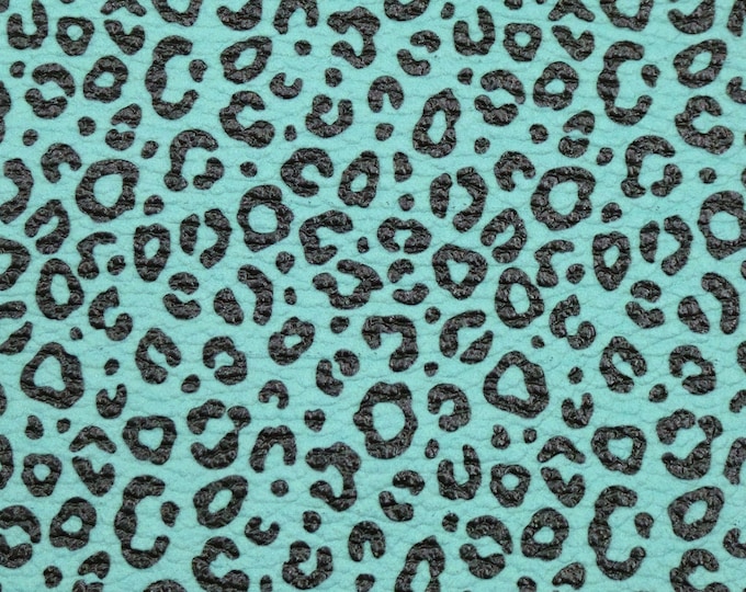 Leather 3-4-5 or 6 sq ft Black LEOPARD on TURQUOISE Cowhide 3.5-3.75oz /1.4-1.5 mm PeggySueAlso® E2550-121