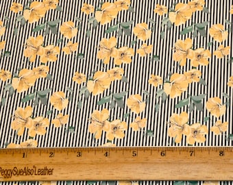 Leather 8&quot;x10&quot; Yellow flowers over Black and White stripes Cowhide 2.5-3 oz / 1-1.2 mm PeggySueAlso E3095-04 hides available