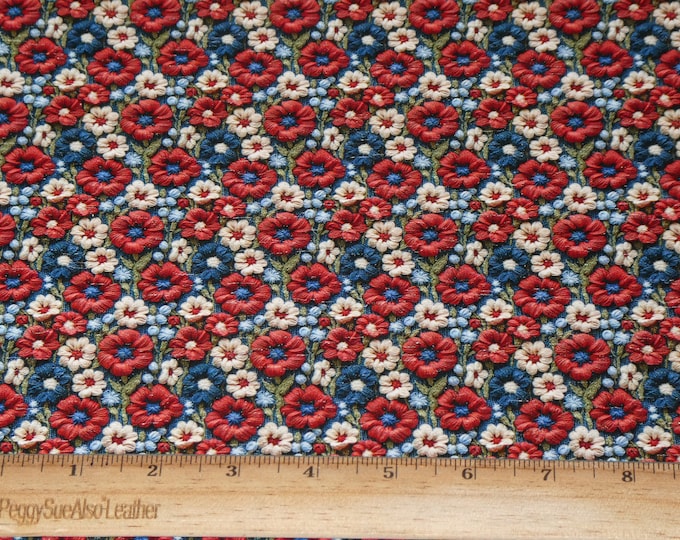 CoRK 12"x12" 4th of JULY Red Blue Cream Floral EMBROIDERY LOOK Cork applied to Leather Thick 5.5oz/2.2mm PeggySueAlso® E5610-630