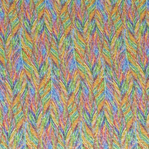 May include: A colorful fabric with a repeating pattern of stylized feathers in shades of blue, green, orange, red, and yellow.