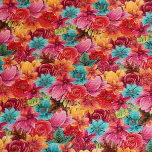 May include: A colorful floral fabric with a variety of flowers in shades of pink, red, orange, yellow, and blue. The fabric has a textured surface and a repeating pattern.