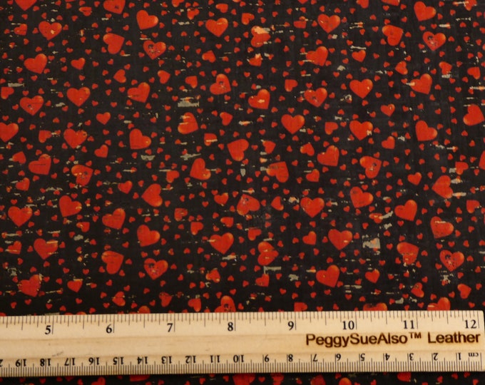 CORK 12"x12" Red Heart Dance and Lady Bugs on Black applied to CoRK on Leather Thick 5oz/2mm PeggySueAlso® E5610-129 Valentines Day