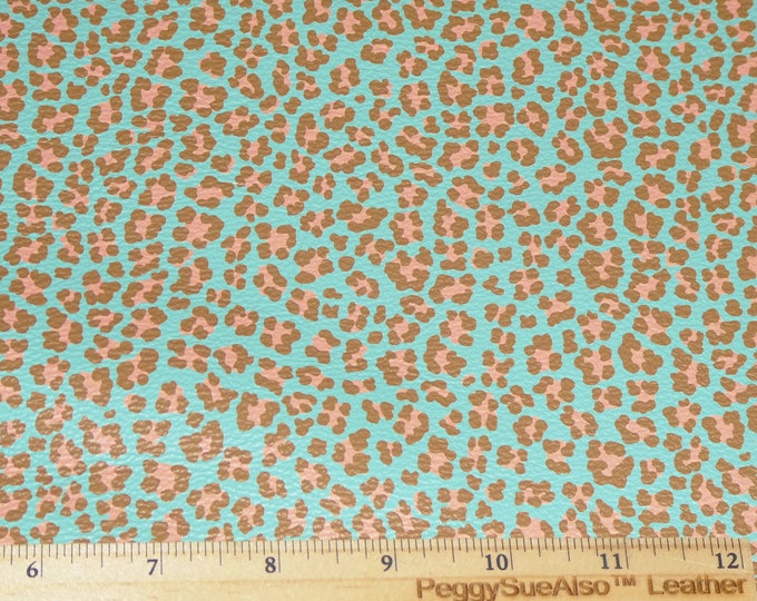 Leather 8"x10" Peach / Flesh Leopard spots on SPEARMINT Green Cowhide 3-3.5 oz/1.2-1.4 mm PeggySueAlso E2550-44 Hides Available