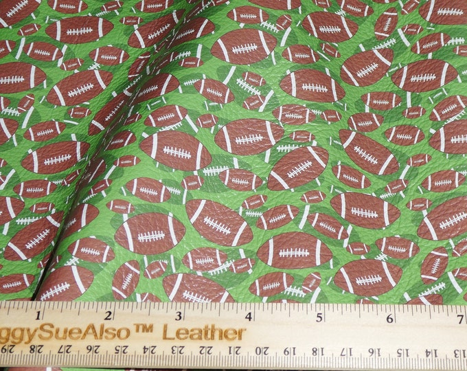 Leather 8"x10" FOOTBALLS on GREEN (largest footballs are 1.25" across) cowhide 2.5-3 oz / 1-1.2 mm PeggySueAlso® E1230-02  hides available