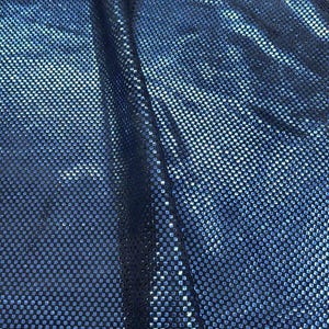 May include: Blue iridescent fabric with a square pattern. The fabric has a shiny, metallic finish.
