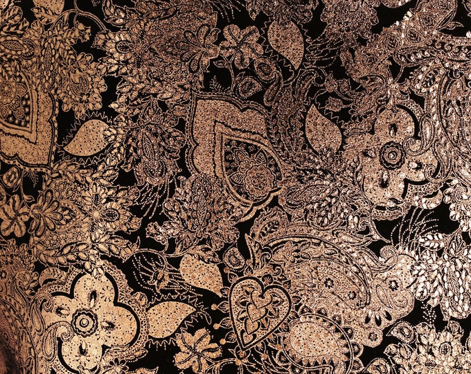 Leather 8"x10" Paisley Love combo ROSE GOLD Metallic on BLACK Soft Cowhide 3-3.25 oz /1.2-1.3 mm PeggySueAlso E3110-03 hides available