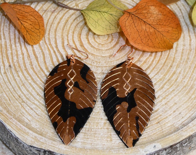 LEATHER ONLY Earrings not for sale Camo  12"x12" FiRM / ThICK Rose GOLD Metallic on Black Cowhide 4-5oz/1.6-2mm PeggySueAlso E2030-19