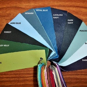 May include: A leather color chart with 12 different shades of blue, green, and purple. The colors are arranged in a semi-circle, with the names of each color printed on the swatches.